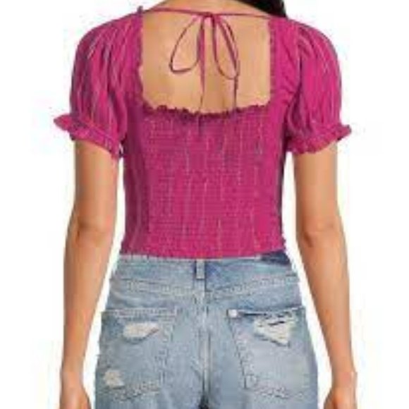 NWT Free People Seratonin Smocked Blouse Striped Raspberry Sherbert Size Medium - Picture 2 of 14